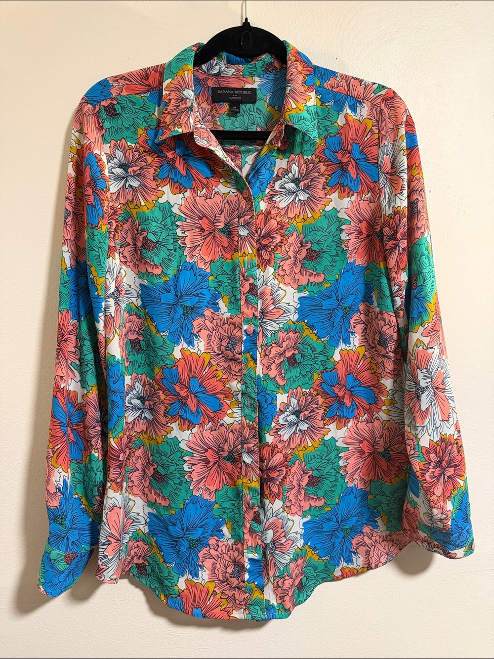 Banana Republic Bright Floral Collared Button-Up — Blue, Coral, Green, White
